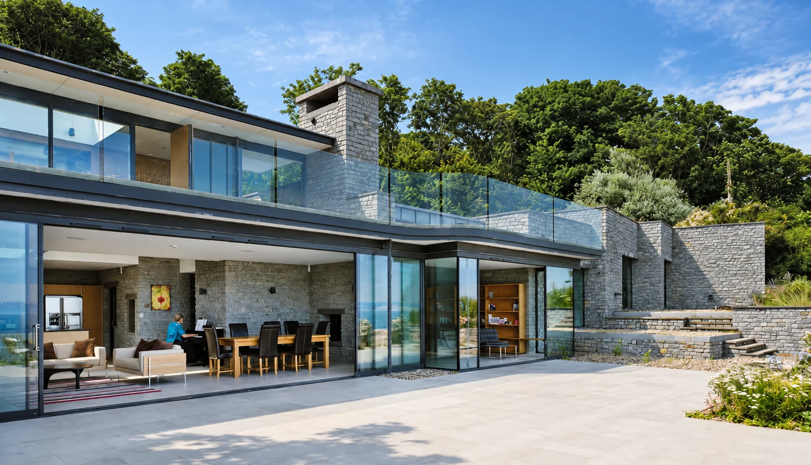 Contemporary stone house with frameless sliding glass doors opening onto a terrace