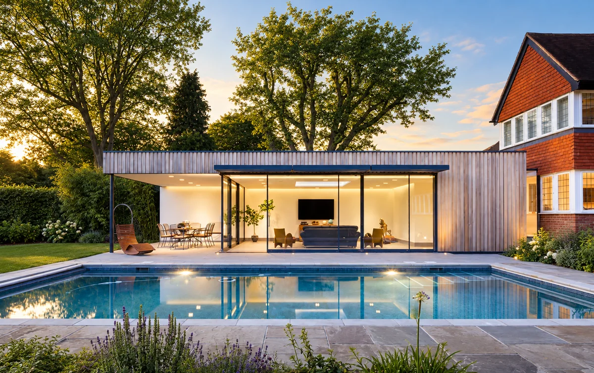 Frameless sliding glass doors opening a contemporary extension onto a swimming pool terrace on a summer evening