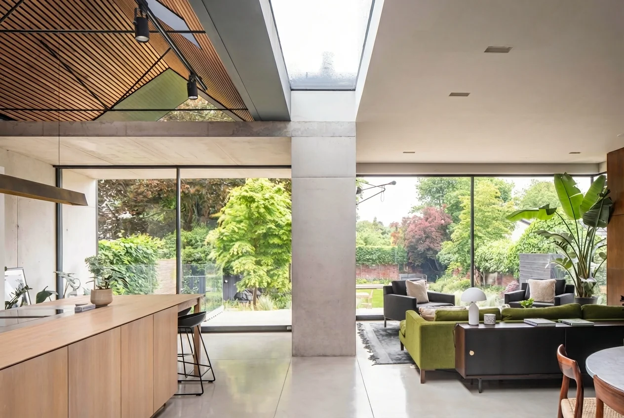 Contemporary open-plan kitchen and living room with full-height sliding glass doors overlooking a garden