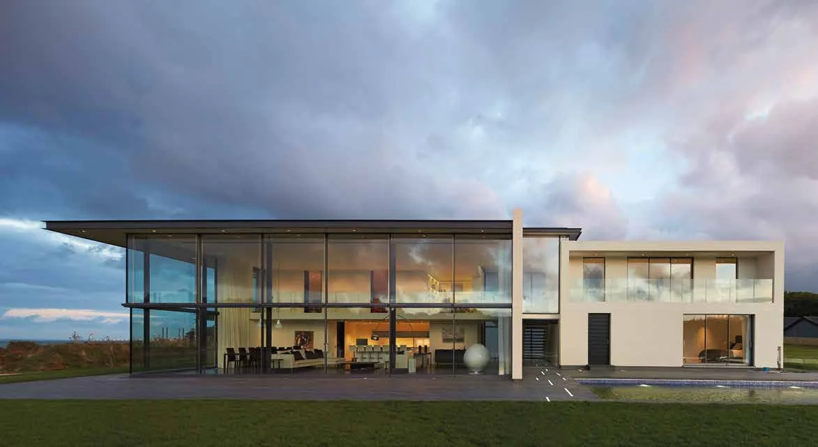 Contemporary two-storey home with large sliding glass doors and fixed glazing